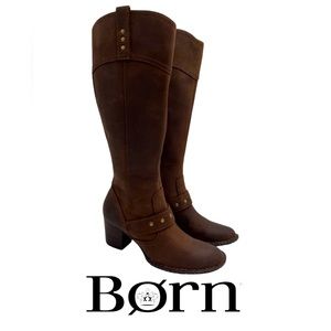 Born Brown Leather Knee-High Chunky Heel Riding Boots Size 6